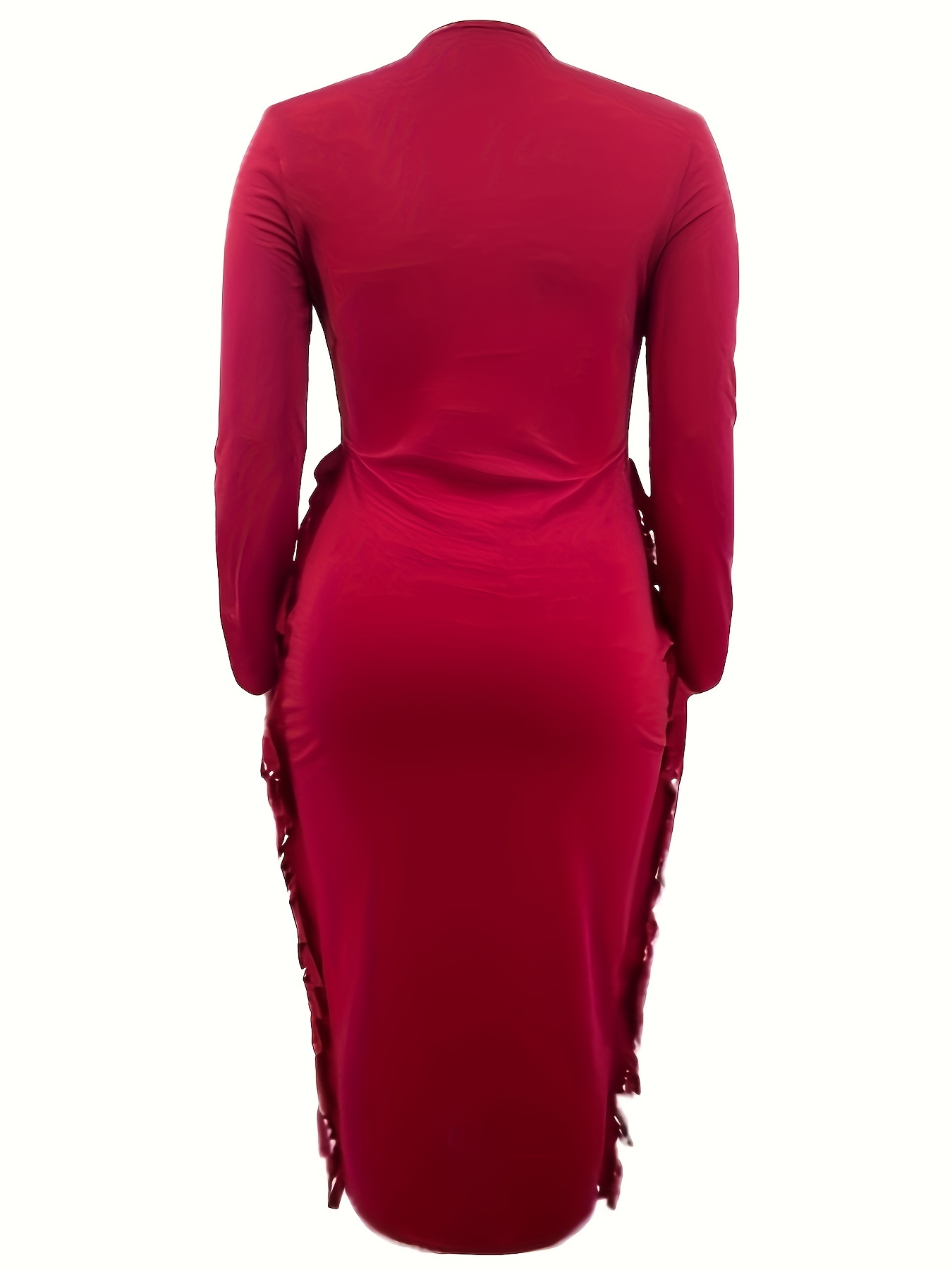 Casual Dress Solid Long Sleeve V Neck Fringe Trim Midi Dress