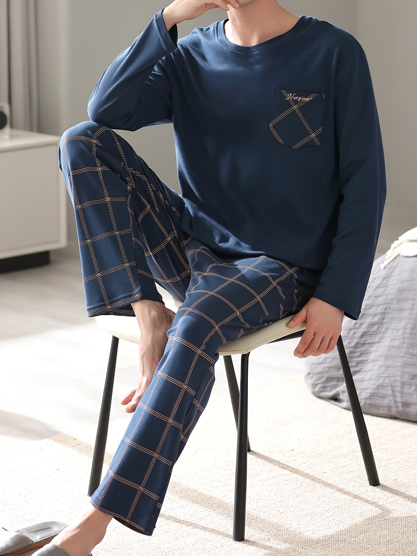 Men's Simple Style Cotton Casual Pajamas Thin Sets, Solid Long Sleeve Crew Neck With Chest Pocket Top & Loose Checkered Pants Lounge Wear, Outdoor Sets For Spring Autumn