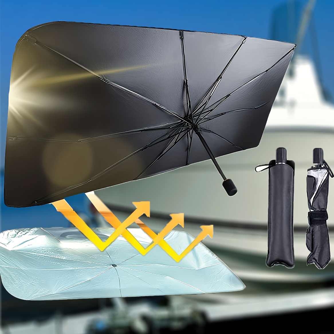  Parapluie Pare-Soleil pour Pare-Brise de Voiture  Voiture  Réfléchissant 99 de Protection Solaire , Protection UV et Isolation  Thermique Pliable Auto