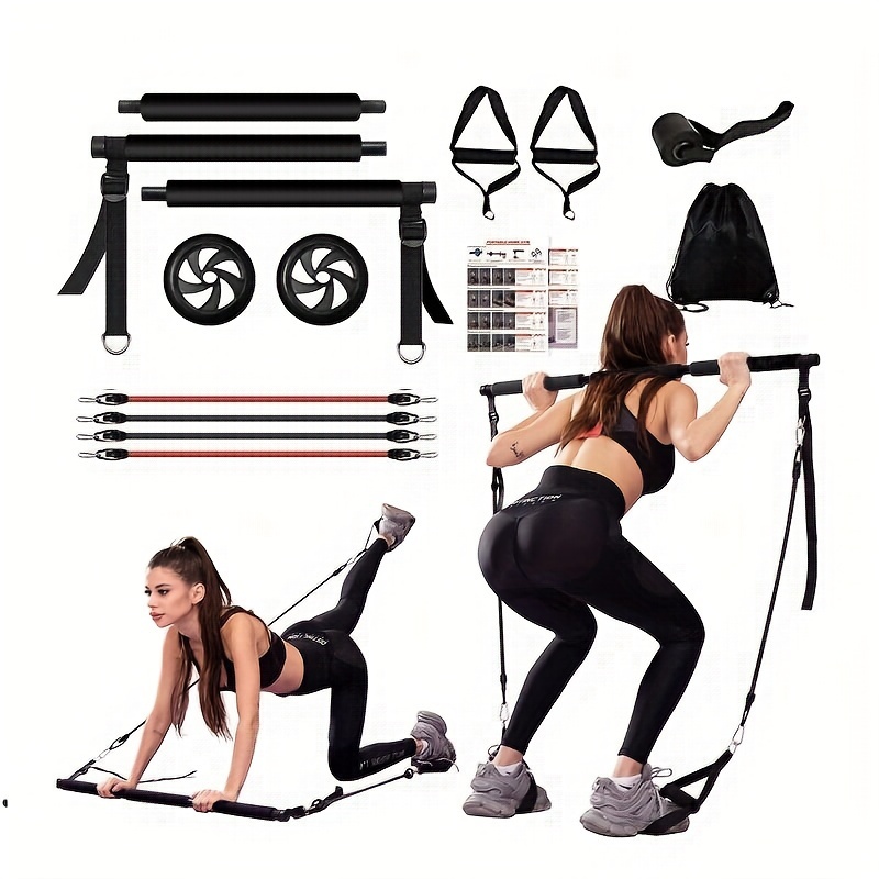 14pcs/set Pilates Bar Kit With Resistance Bands, Fitness Bar With Ab Roller  For Abs Workout, Squat Machine, Core Strength Training Equipment, Portable