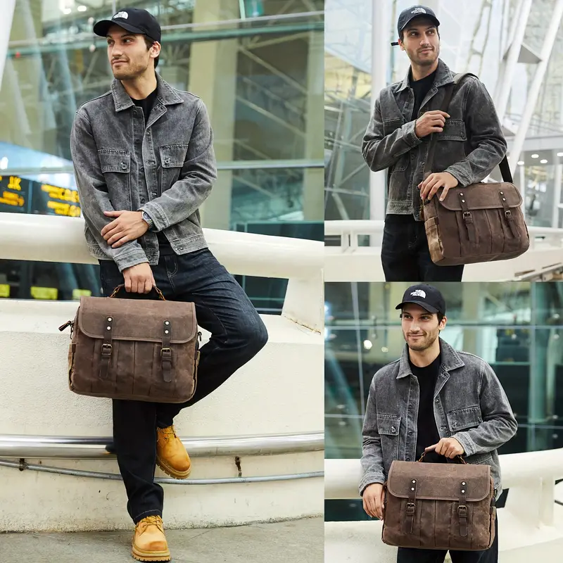 Men's 15.6 Leather Briefcase Crossbody Messenger Bag School - Temu Canada