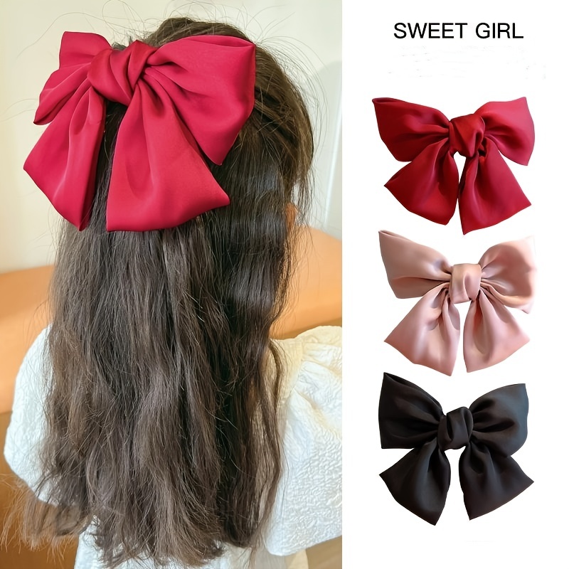 Red Hair Bow Clips for Women Long Tail Silk Big Hair Bows Barrettes Layered  Bowknot Hairpin French Barrette for Hair Ribbons for Girls Large Satin