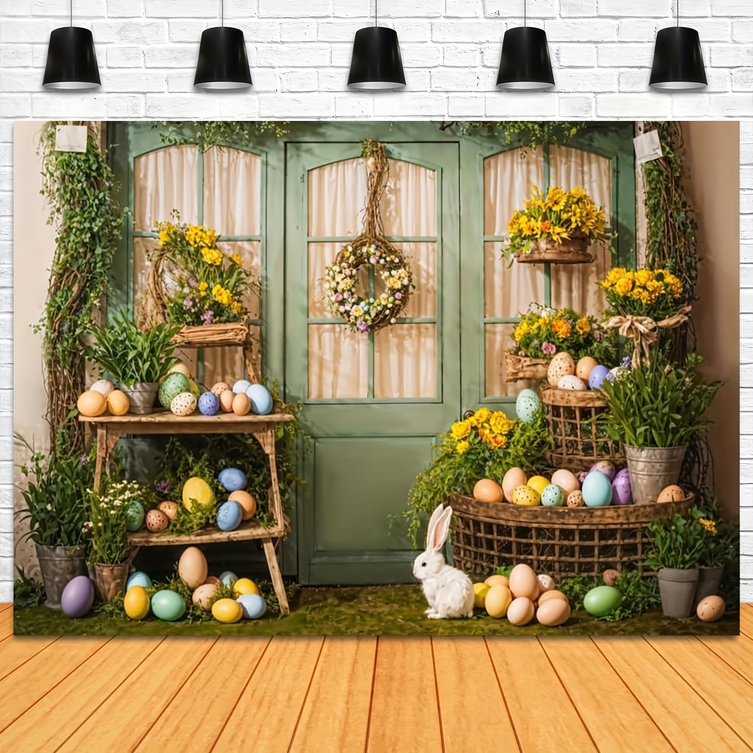 1pc easter day garden decor photography backdrops colorful eggs spring fresh flowers cute white bunny photo background