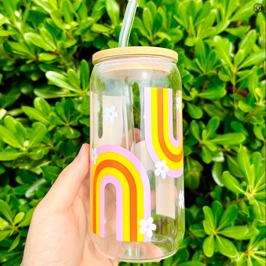 Iced Coffee Glass, Glass Coffee Cup, 16 Oz, Beer Can Glass, Boho Tumbler, Glass  Cups With Lids and Straws 