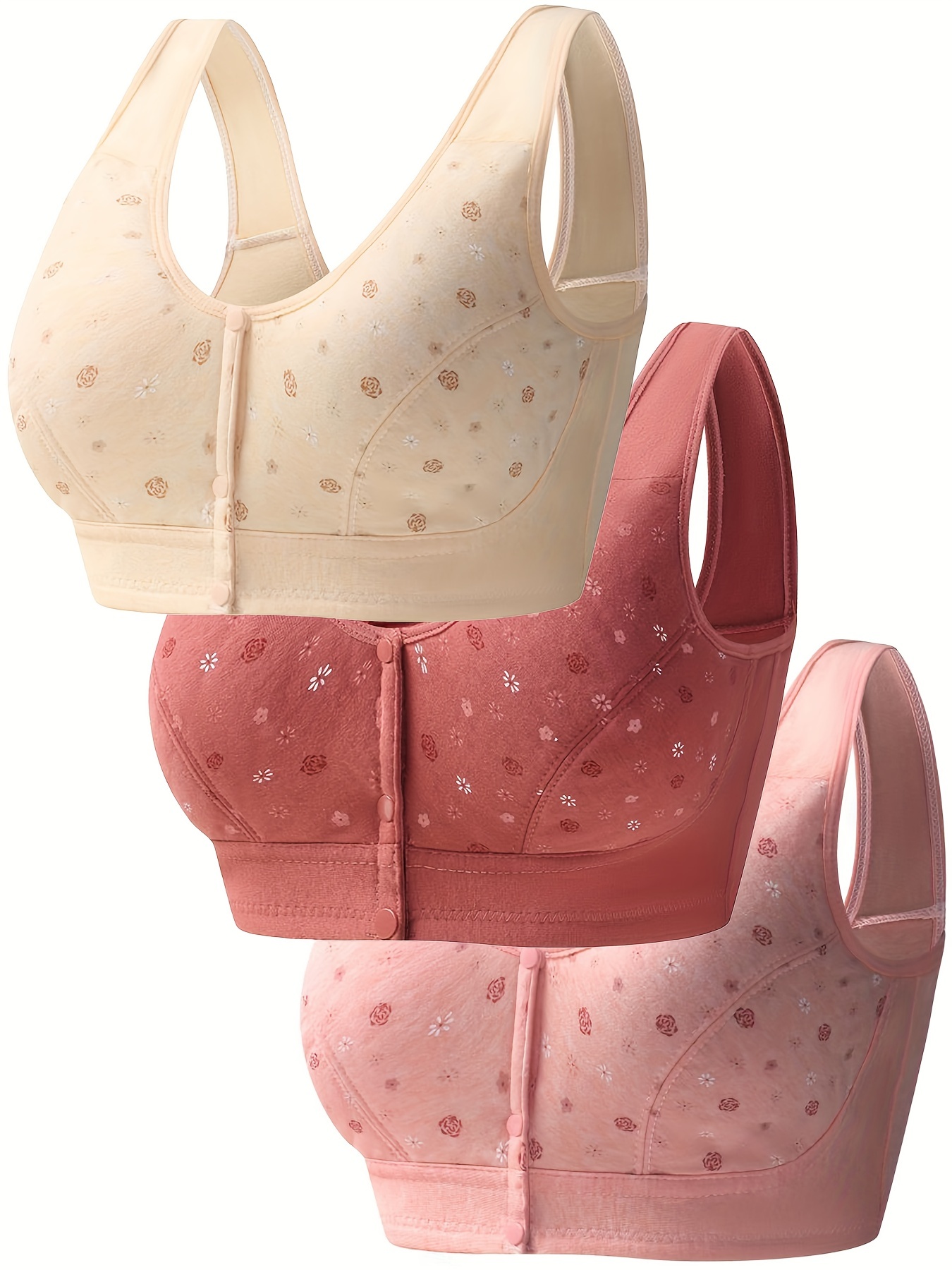 3pcs Floral Print Wireless Bras, Comfy & Breathable Front Buckle Push Up  Bra, Women's Lingerie & Underwear