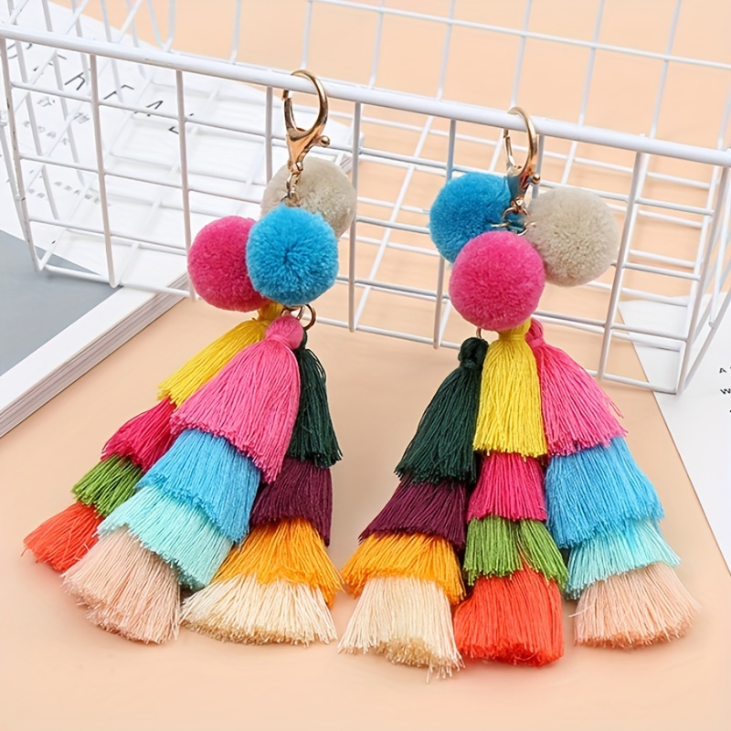 Colorful Boho Pom Pom Tassel Bag Charm For Women Handmade - Temu