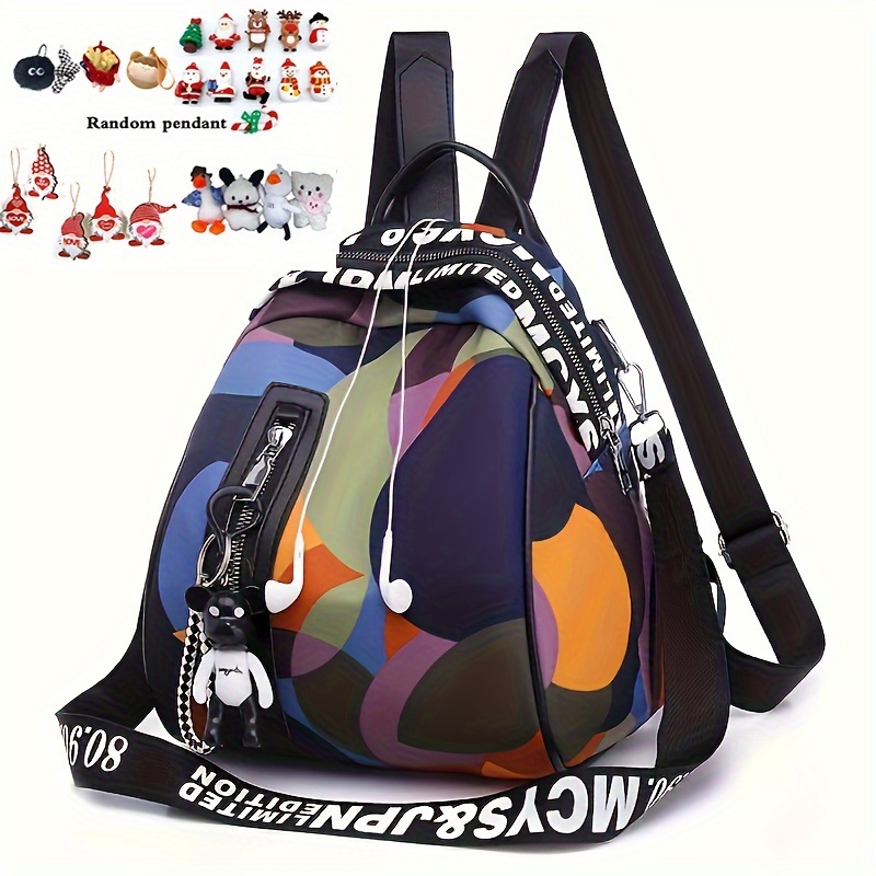 TEMU Fashionable Nylon Material Backpack, Large Capacity Bookbag, Casual Travel Bag With Stylish Prints