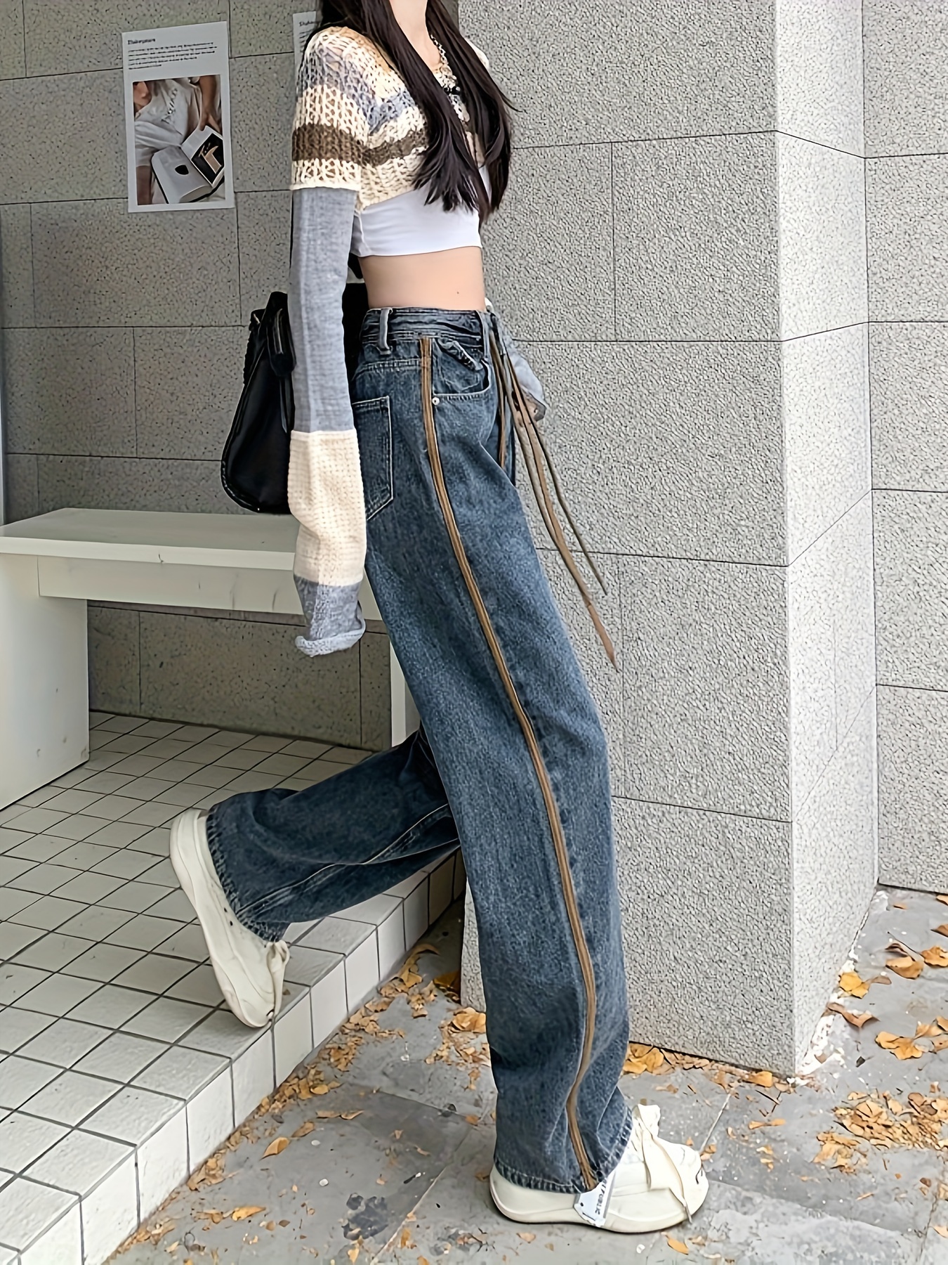 Drawstring Waist Side Striped High * Jeans, Casual Slash Pocket Stylish  Denim Pants, Women's Denim Jeans & Clothing
