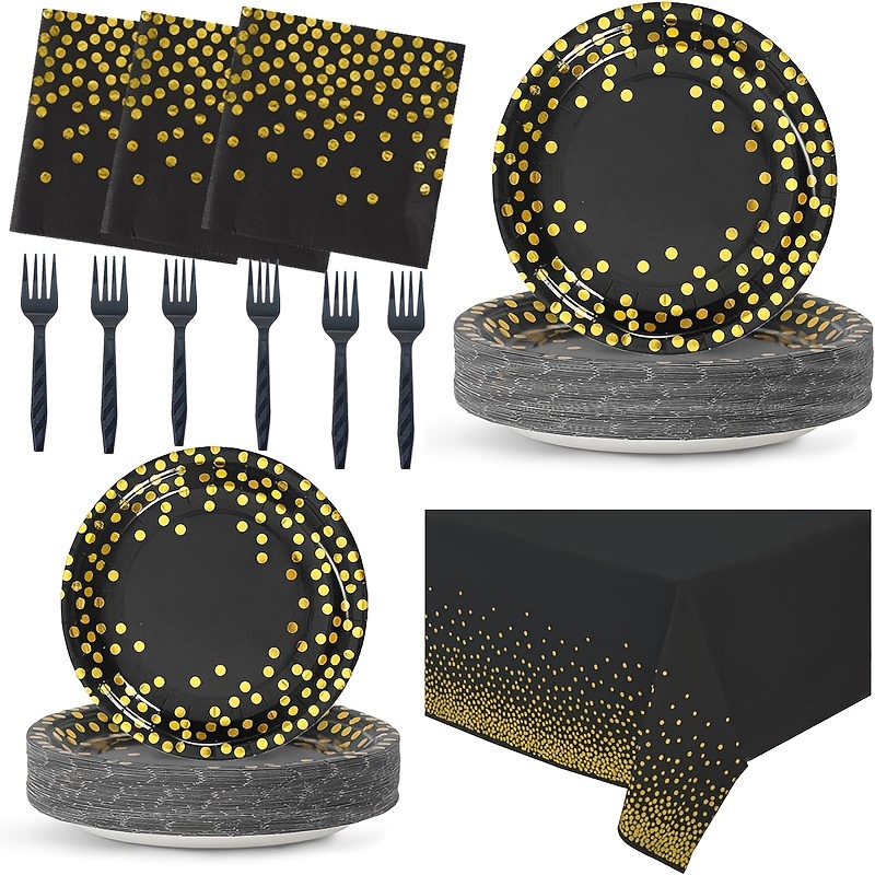 175PCS Black and Gold Party Supplies, Severs 25 Disposable Party Dinnerware,  Gold Plastic Forks Knives Spoons and Golden Dot Black Paper Plates, Black  Napkins Cups for Graduation, Birthday, Wedding