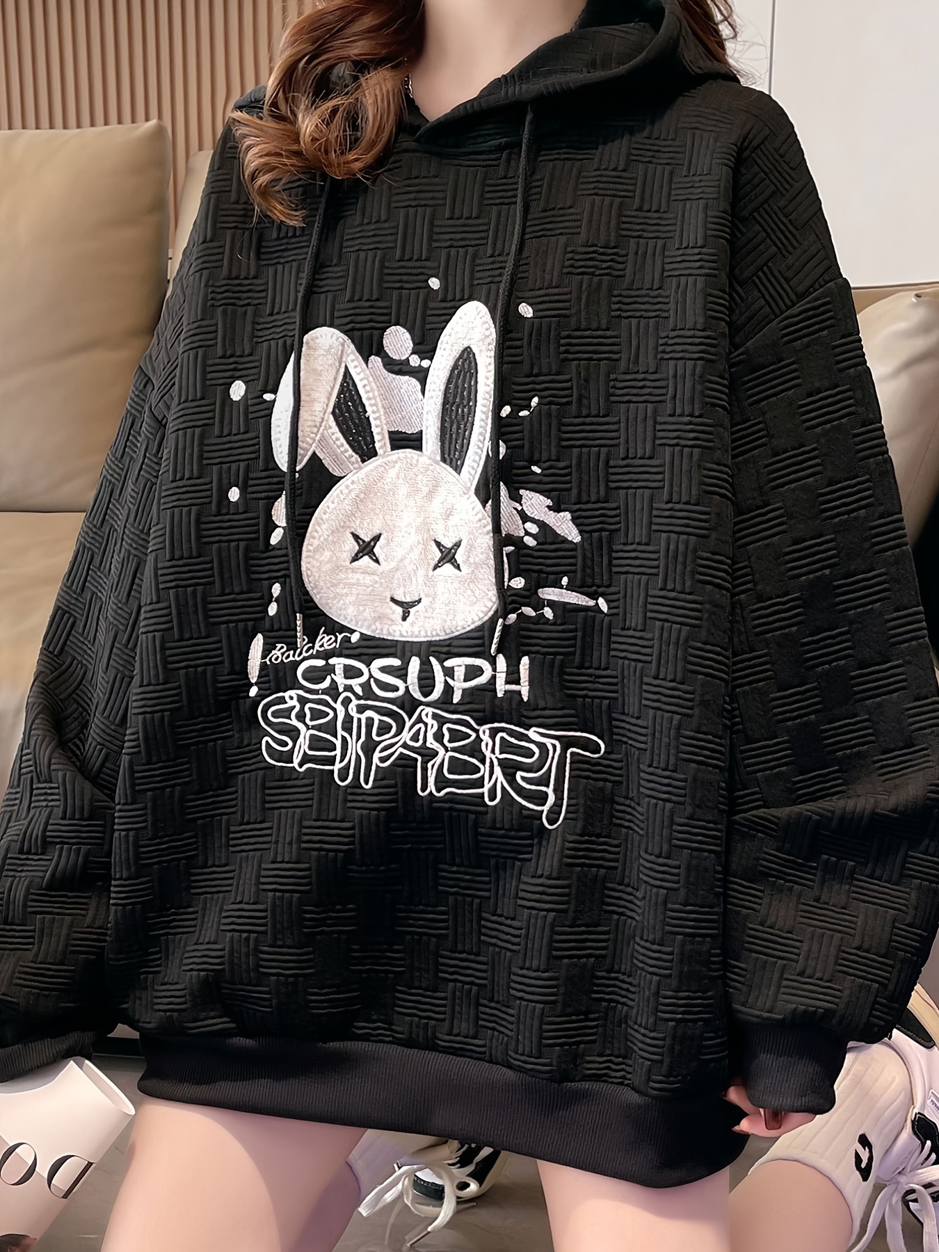 FAFWYP Womens Cute Bunny Ear Long Sleeve Rabbit Embroidery Hoodie
