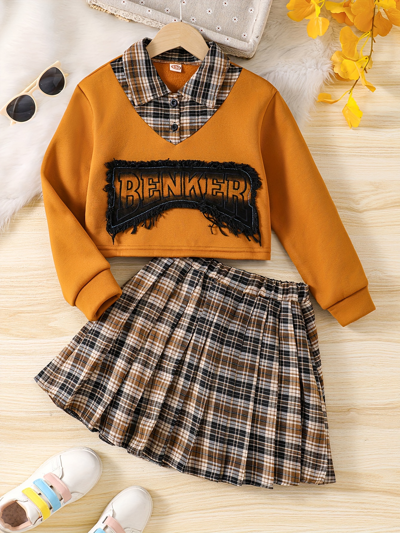 Girl's Preppy Style Outfit Shirt Plaid Pattern Skirt Set - Temu Canada