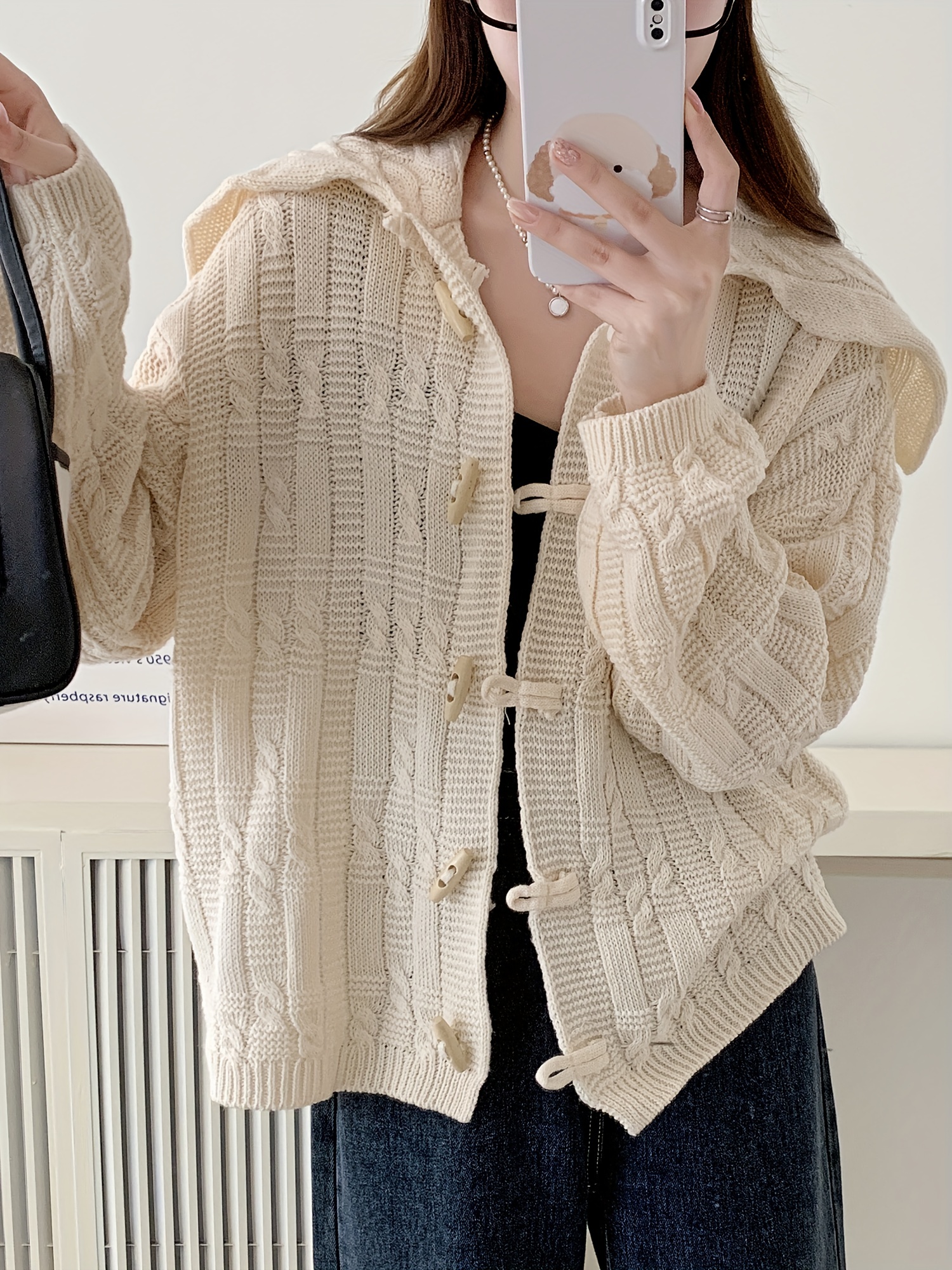Solid Color Horn Long Sleeve Cardigan  Long sleeve knitted cardigan, Long sleeve  cardigan, Long sleeve knit