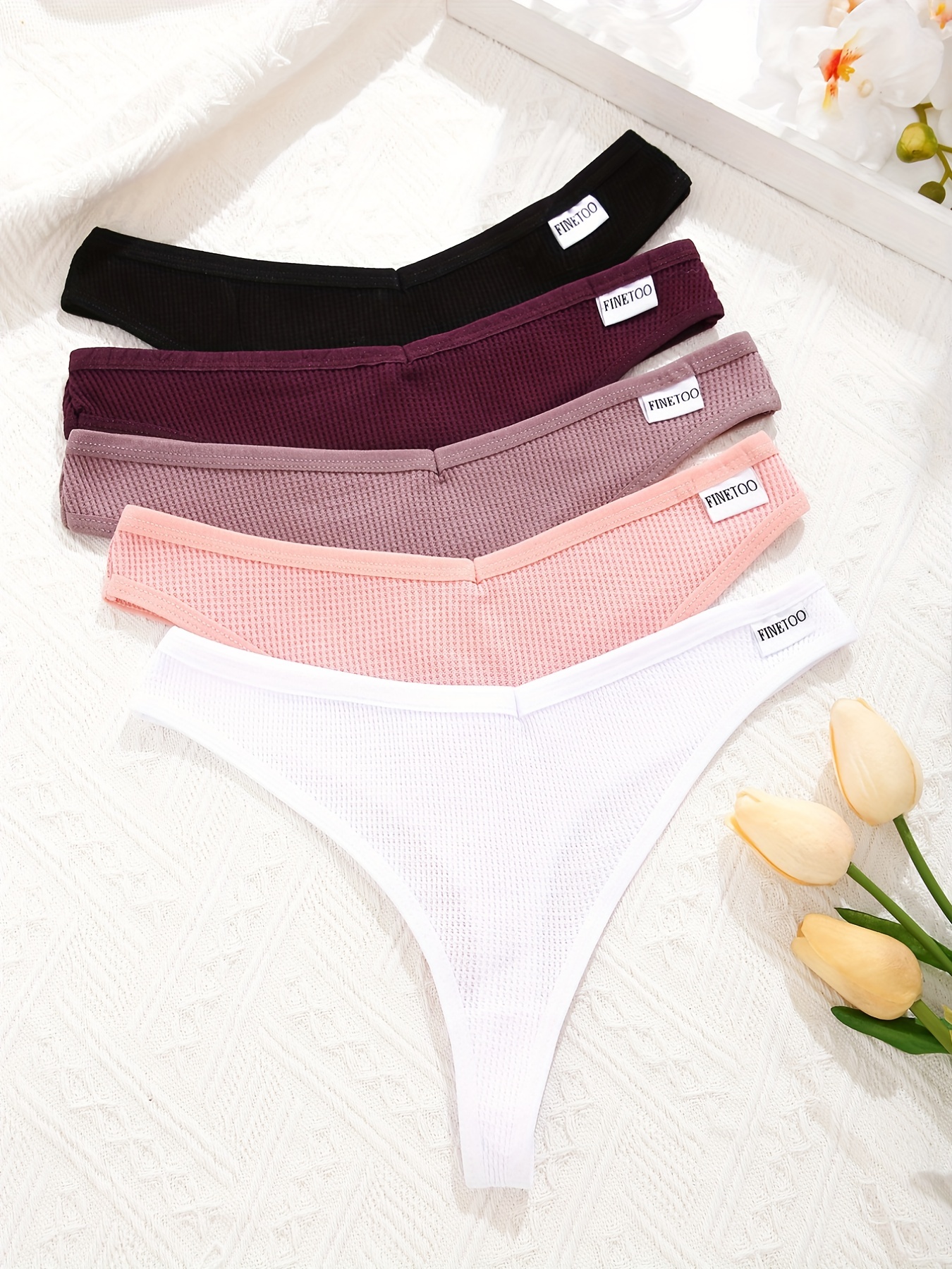 3pcs Simple Ribbed Cotton Seamless Thongs Women Low Waist Briefs Sexy  G-string Panties Solid Color Female Underwear Pack