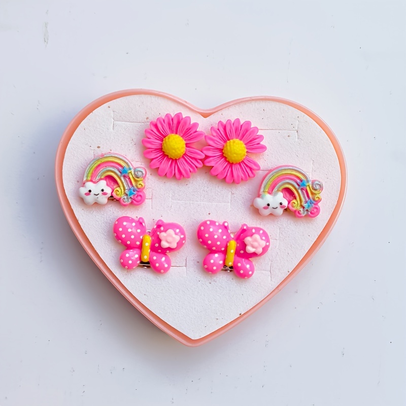 3 Pairs Kids Clip-on Earrings No Piercing Princess Earrings Pendant Heart Gift Box Set Girls Cute Clip-on Ear Jewelry