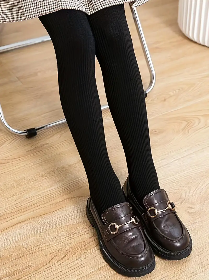 Girls Ribbed Knit Tights Comfy Leggings Preppy Style For Autumn/ Winter,  Cute Look