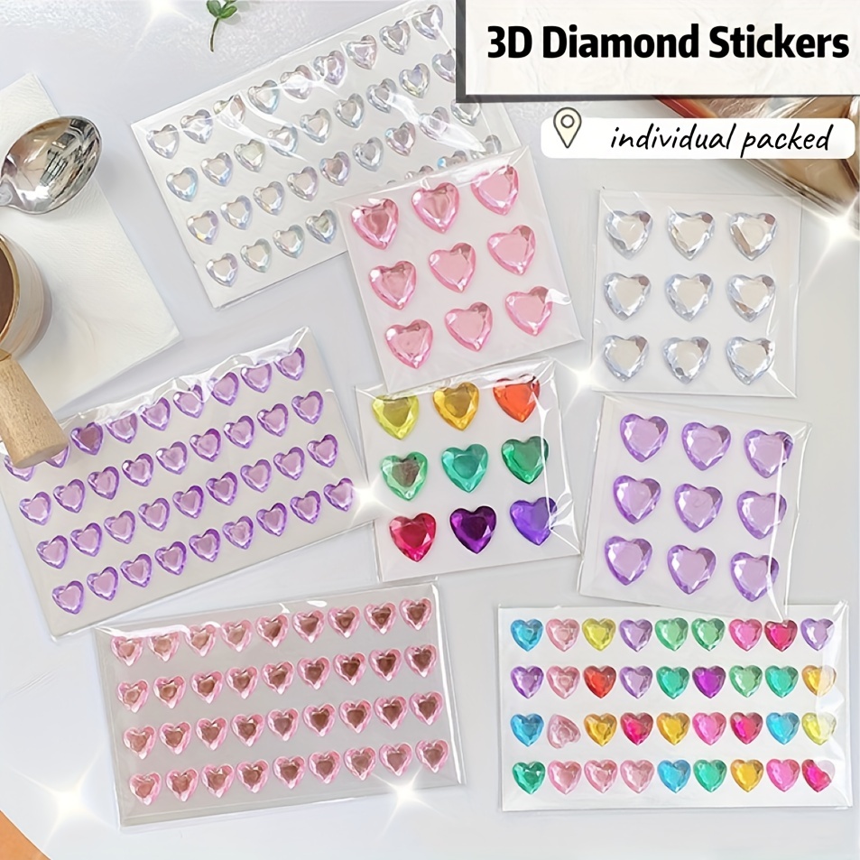 3PCS DIY Handmade Creative Diamond Stickers Toy Decoration Diamond Paste  Lovely Cartoon Stickers for DIY Craft (Color Love Heart) 