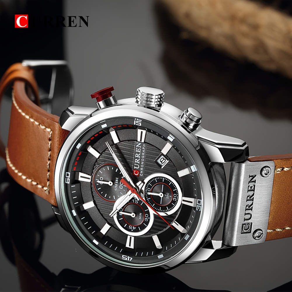 mens sports watch with multiple functions pu leather strap and automatic date display details 5