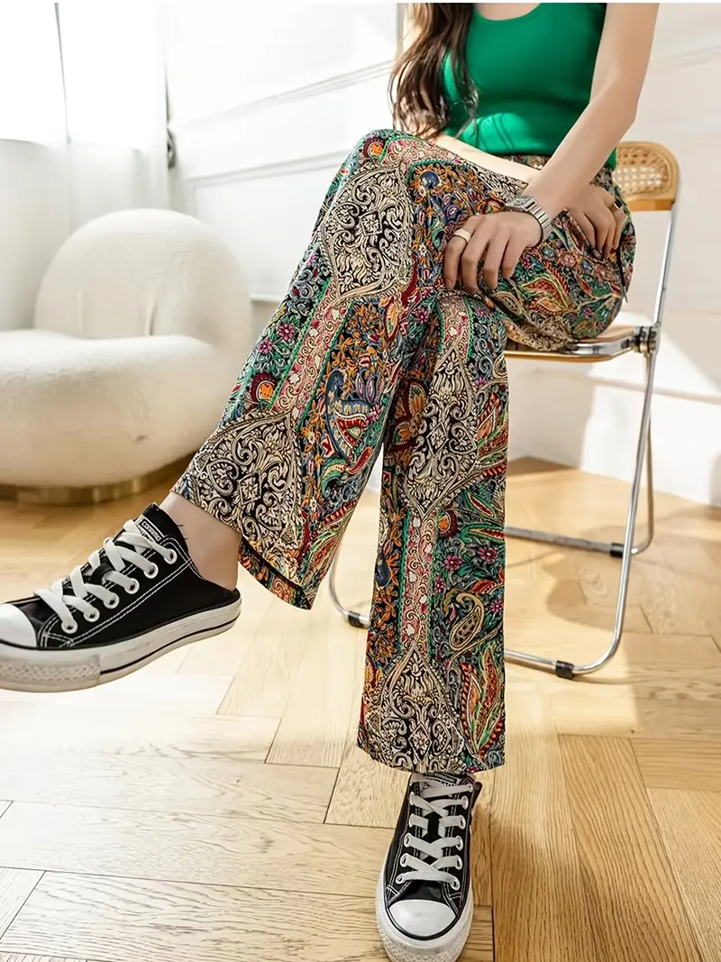 Boho Floral Drawstring Wide Leg Pants, Casual Comfortable Trousers For  Summer Beach, Women's Clothing