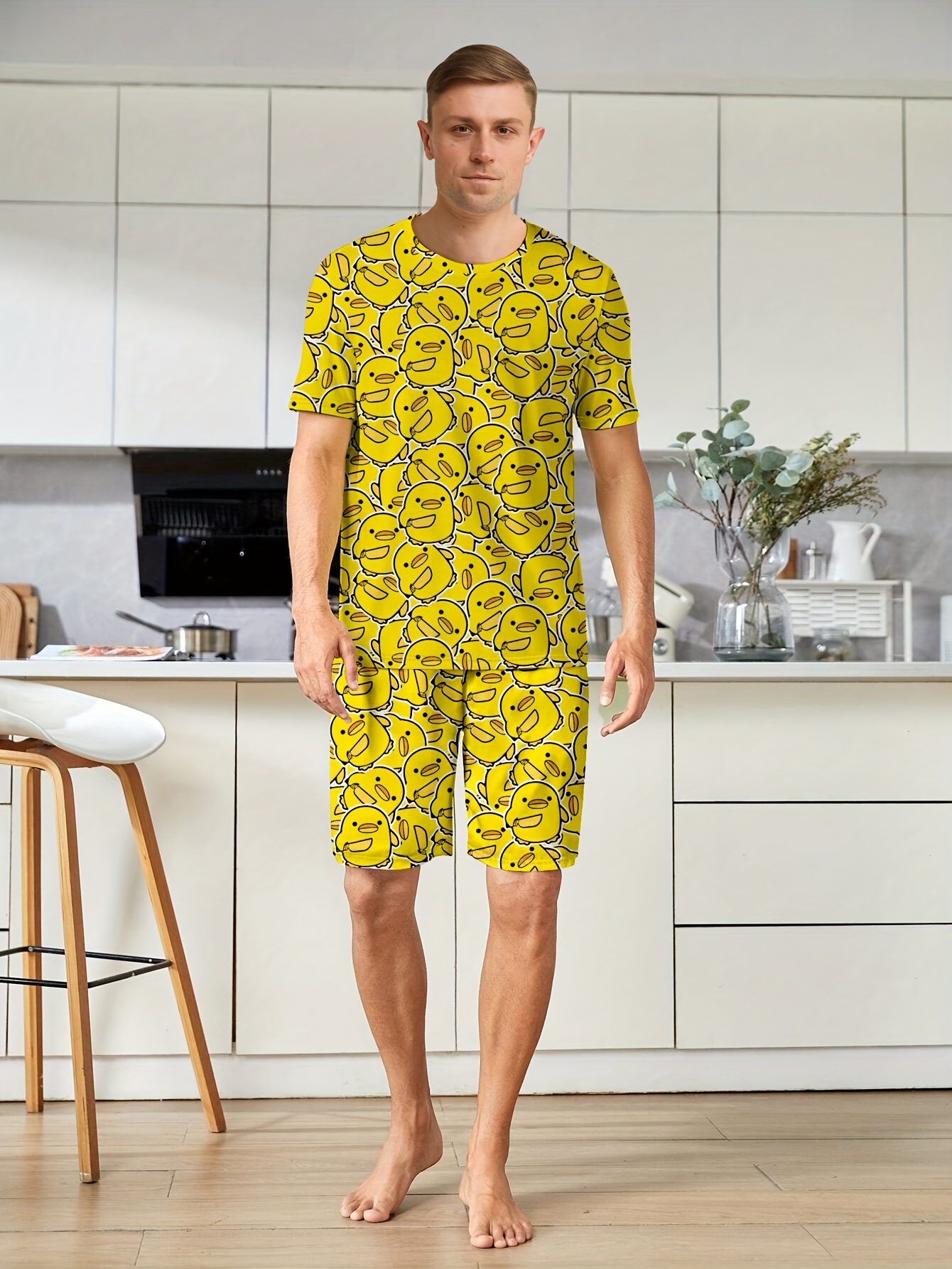 Summer Knitted Cotton Cartoon Duck Mens Pajama Sets Men's