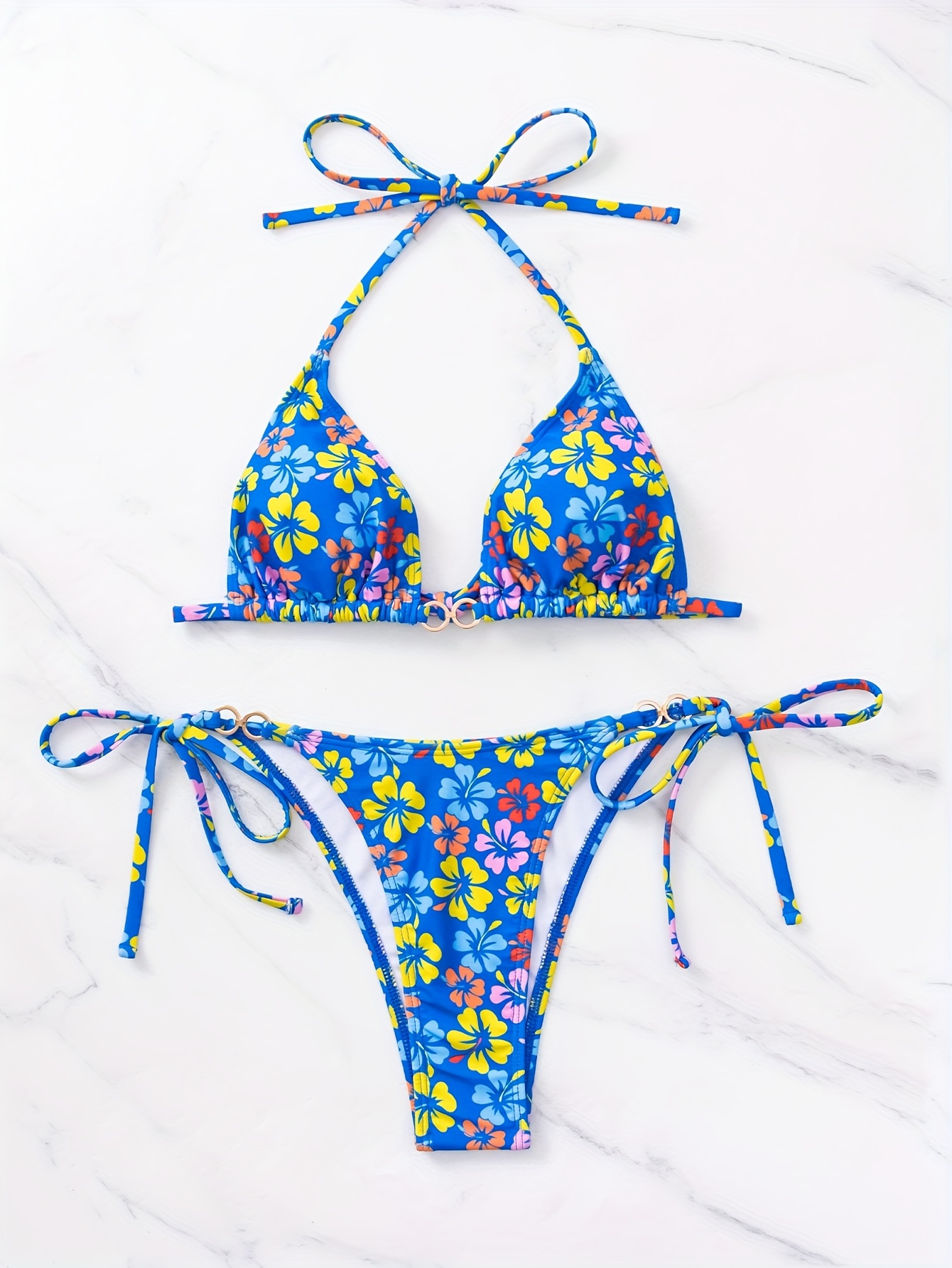 Floral Print Tie Side 2 Piece Set Bikini, Stretchy Triangle Cute Swimsuits,  Women's Swimwear & Clothing