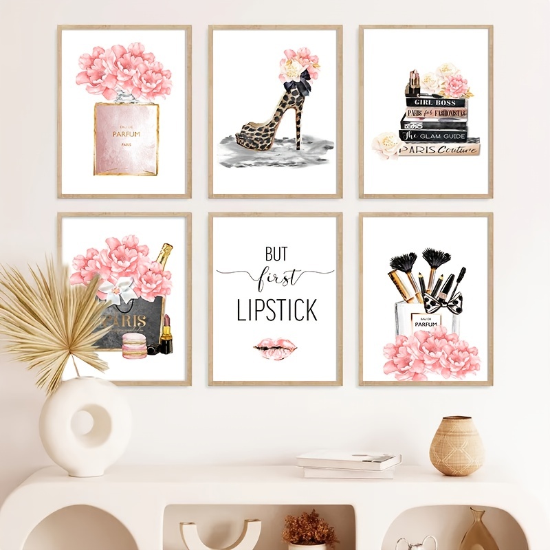 Canvas Wall Art Glam Perfume Chanel Pictures Wall Decor Pink Flowers and Gold Canvas Wall Art Girl Home Decor for Bedroom Wall Bathroom Set Room