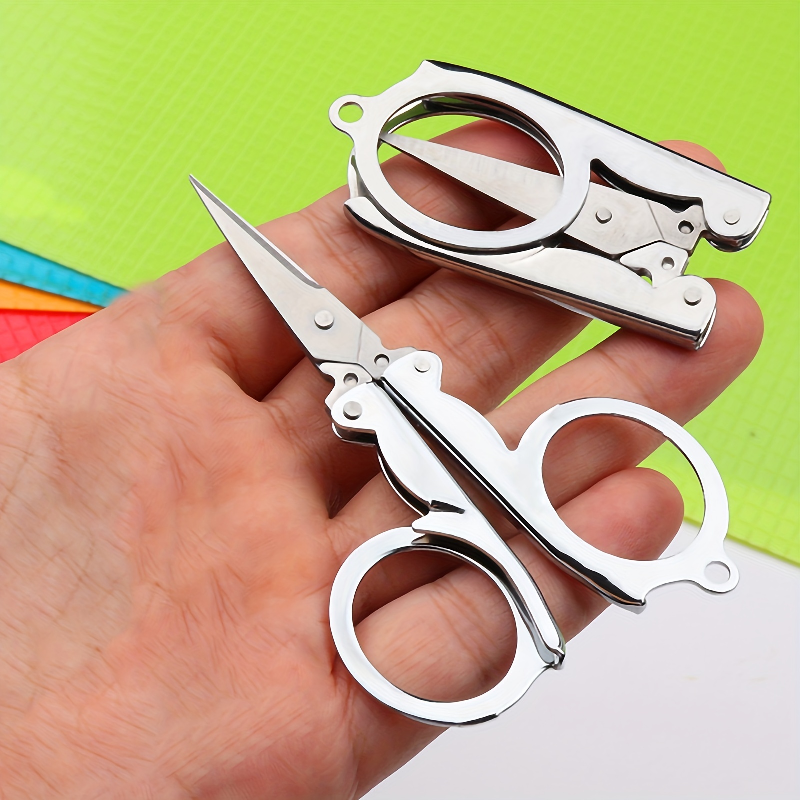 N/C 4 Pieces Foldable Small Scissors,Portable Mini Travel Scissor,Big Size  Stainless Steel Folding Scissor with Keychain Pointy Small Sewing Fold Up