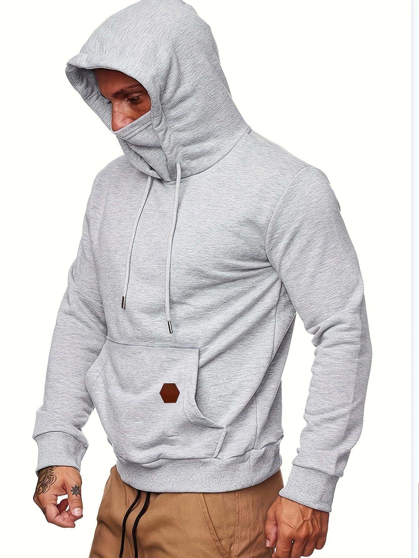 Face Cover Casual Men's Hoodie Drawstring Hooded Sweatshirt, White, M