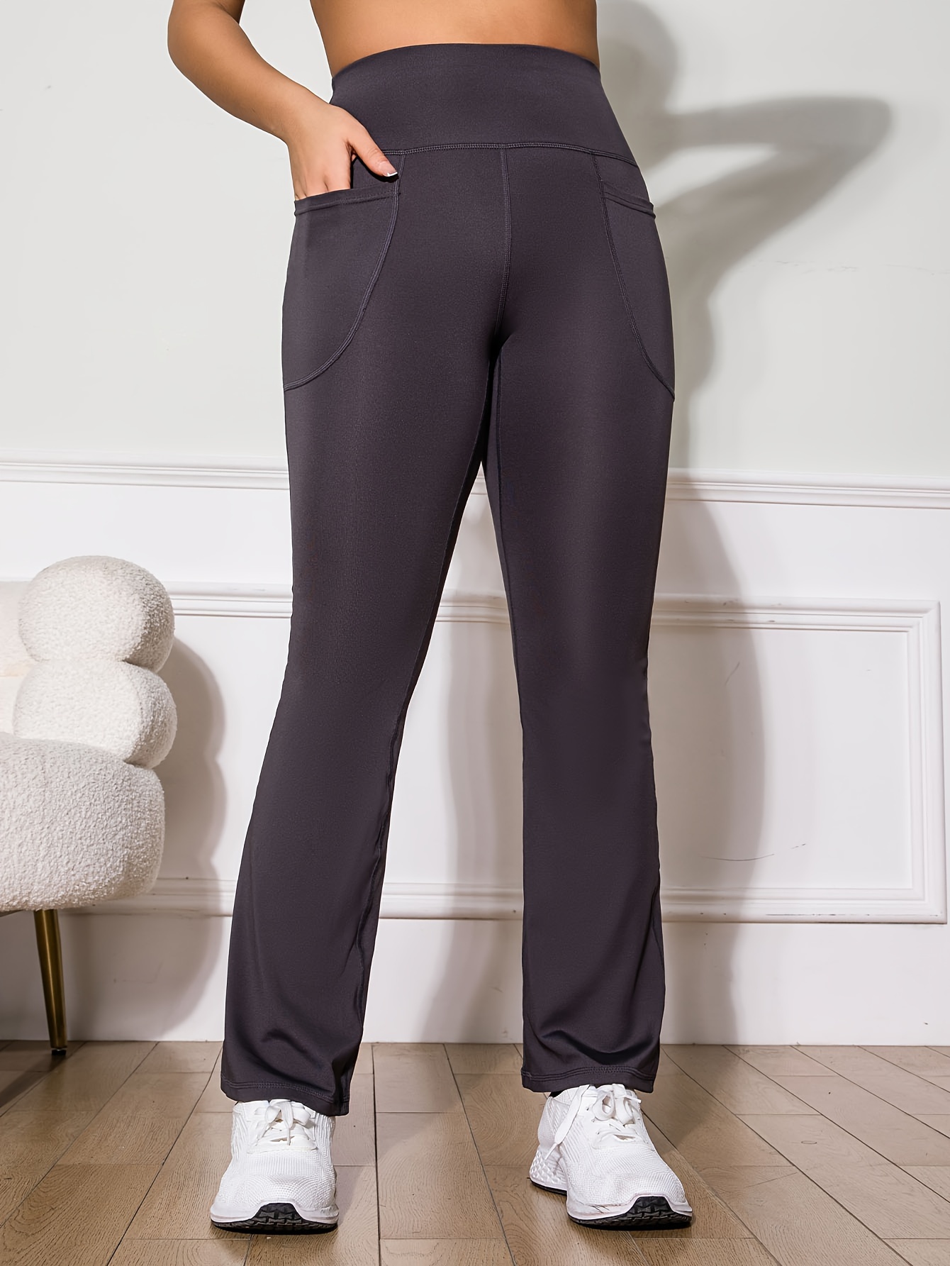 Solid Color Butt Lifting Flared Pants Pocket High Stretch - Temu Canada