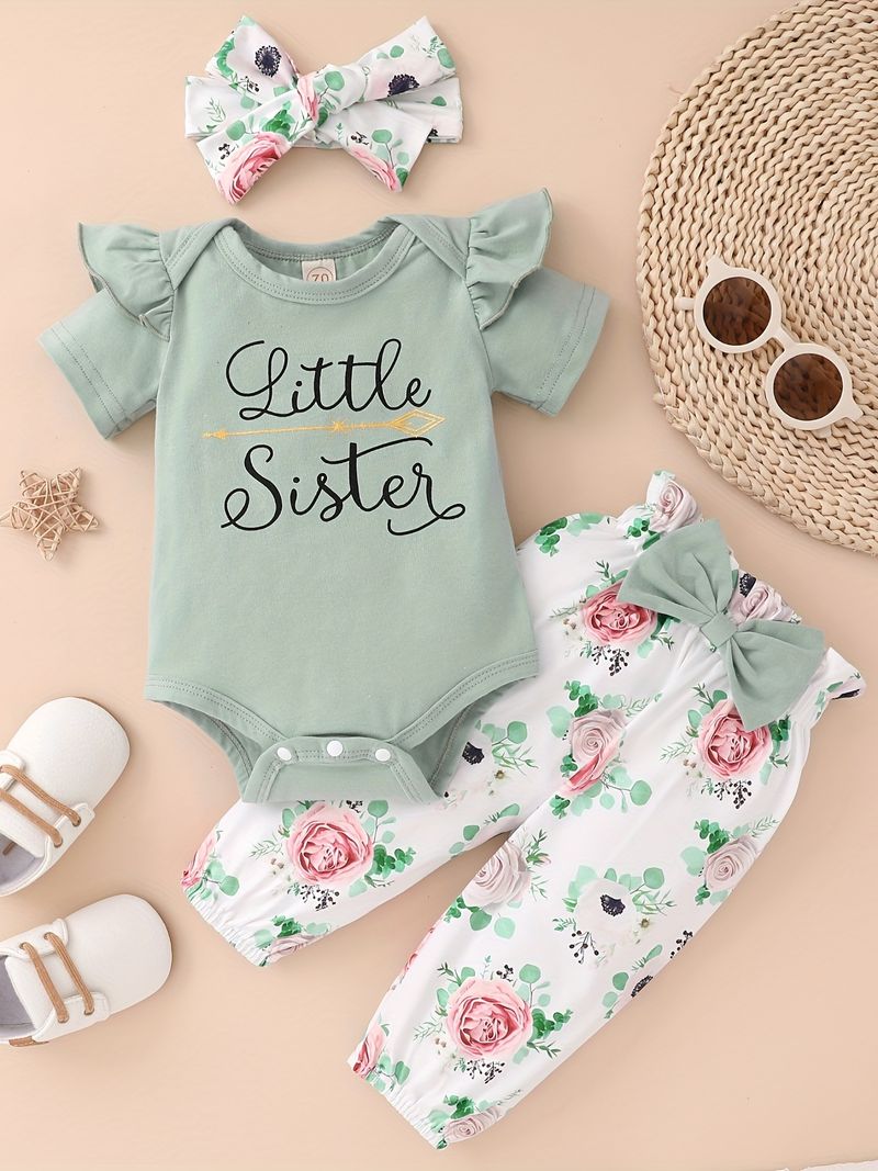 Baby Girls Cotton Short Sleeve Bodysuit Romper + Matching Floral Print Pants + Headband Baby Clothes Summer details 7