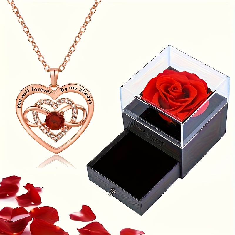 Hotbest Preserved Red Real Rose with Necklace Enchanted Rose Flower Gifts Eternal Real Flower Romantic Gift for Her Women Girlfriend Mom Wife on