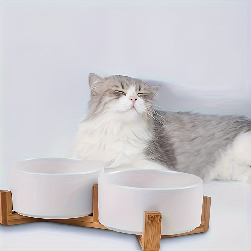 Ceramic Cat Dog Bowl Dish With Wood Stand No Spill Pet Food Water Feeder  Cats Small Dogs Pet Bowl
