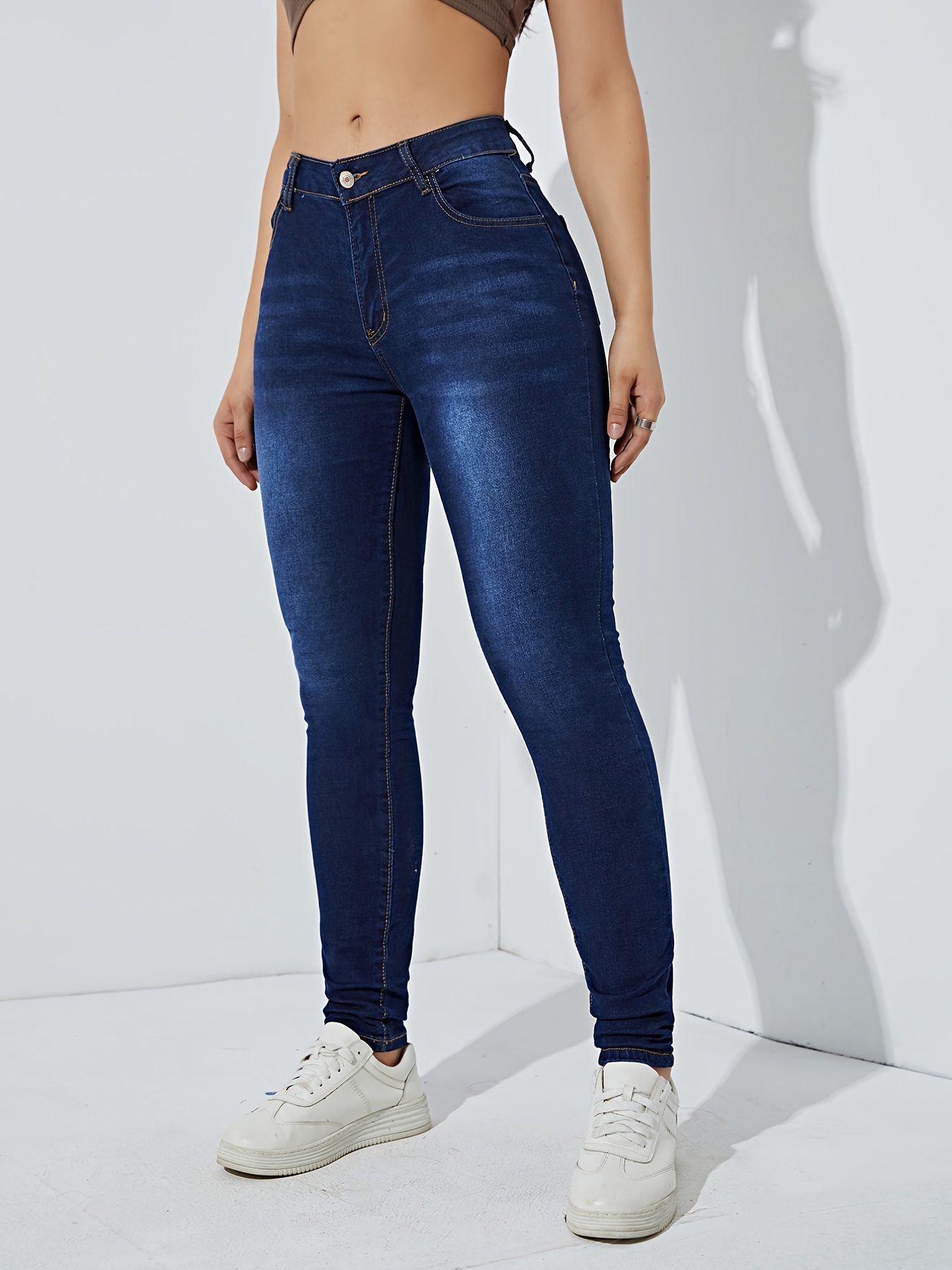 Jeans super skinny * escuro com design simples de cintura alta, calça jeans  de cintura alta com ondulação em relevo na virilha, jeans feminino, roupas