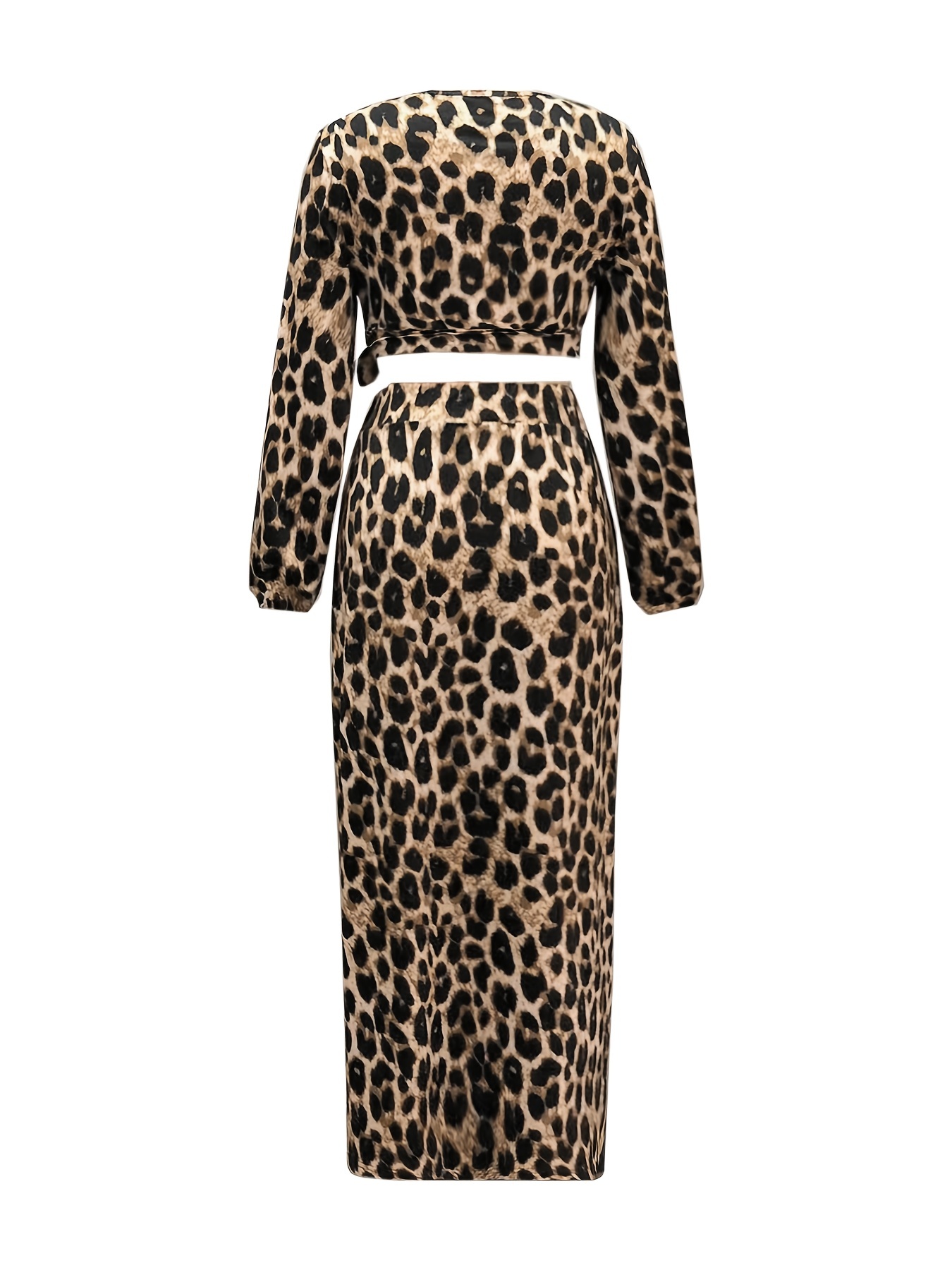 leopard print matching two piece set long sleeve knot crop top split thigh maxi skirt outfits womens clothing details 4