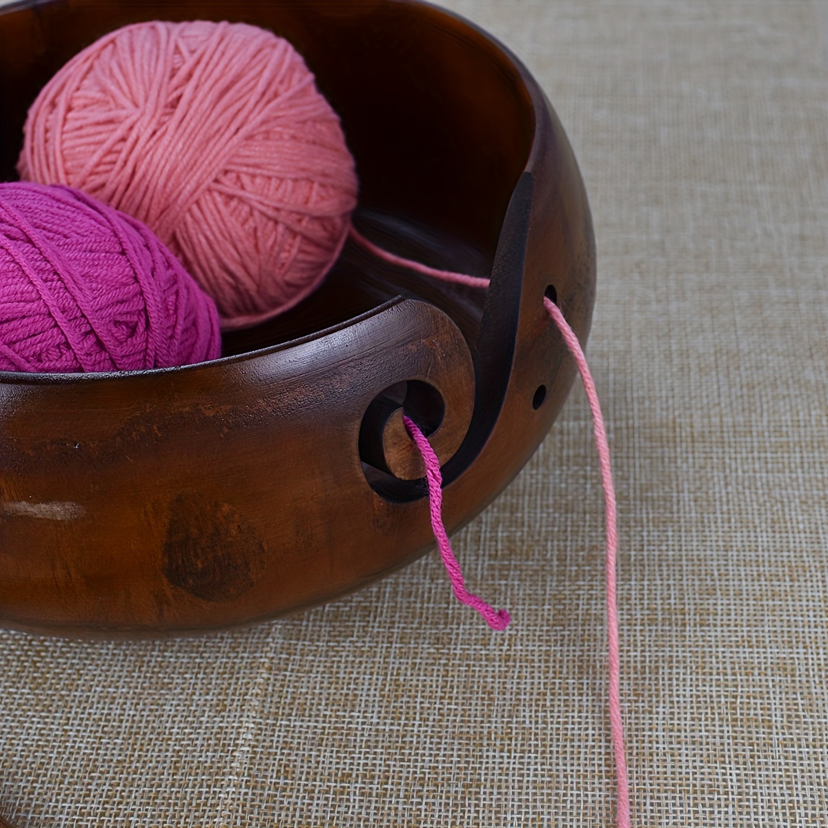 WILLBOND Wooden Yarn Bowl, 6 x 3 Inches Knitting Yarn Bowls with Holes Crochet Bowl Holder Handmade Yarn Storage Bowl for DIY Knitting Crocheting