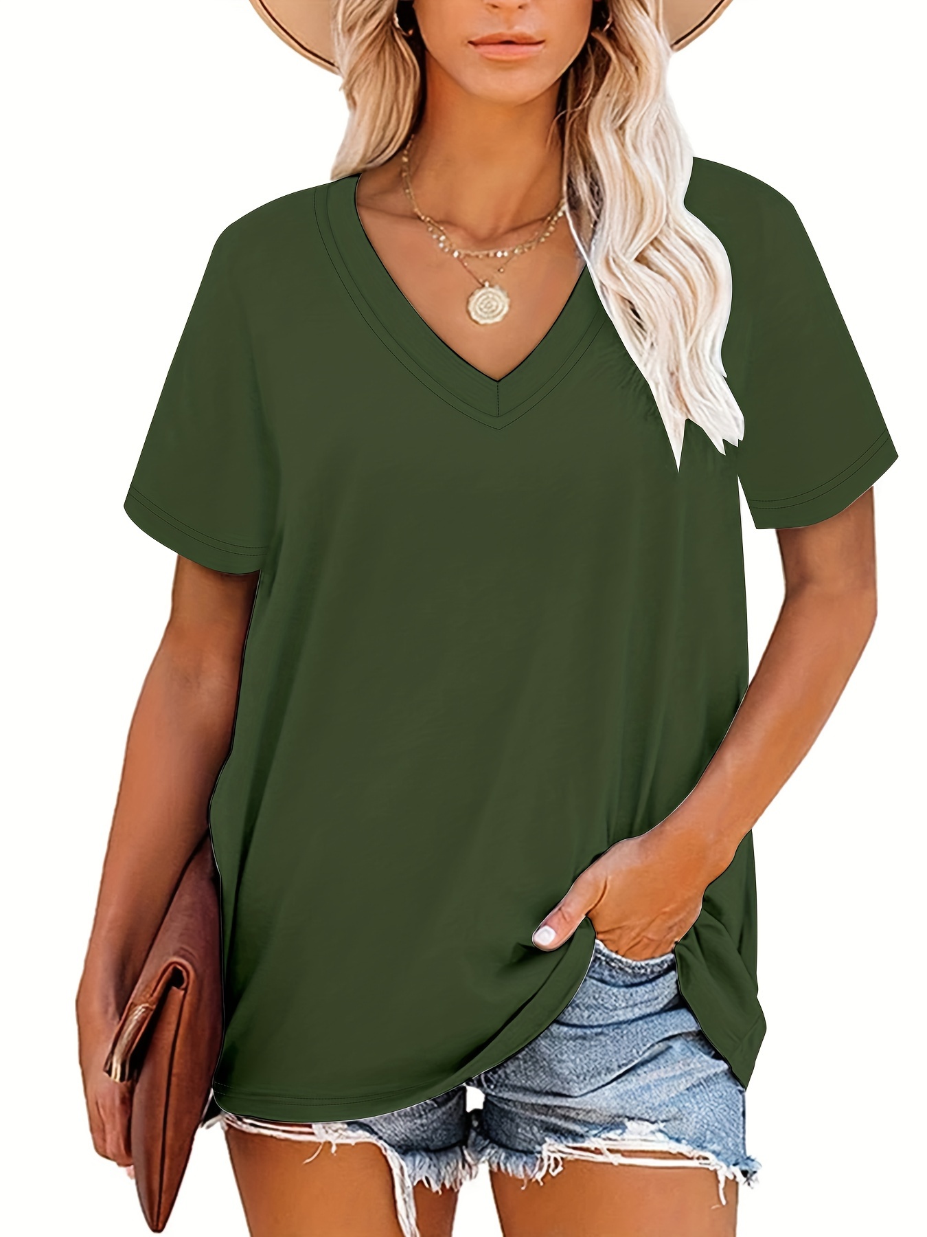 Plus Size, Plus Size Women's V-Neck Short Sleeve T-Shirt - Elegant Casual Chic White Top, Soft Breathable Fabric, Machine Washable, All-Season Versatile Wardrobe Staple, Everyday Comfort, Vneck Tee, Relaxed Fit Shirt