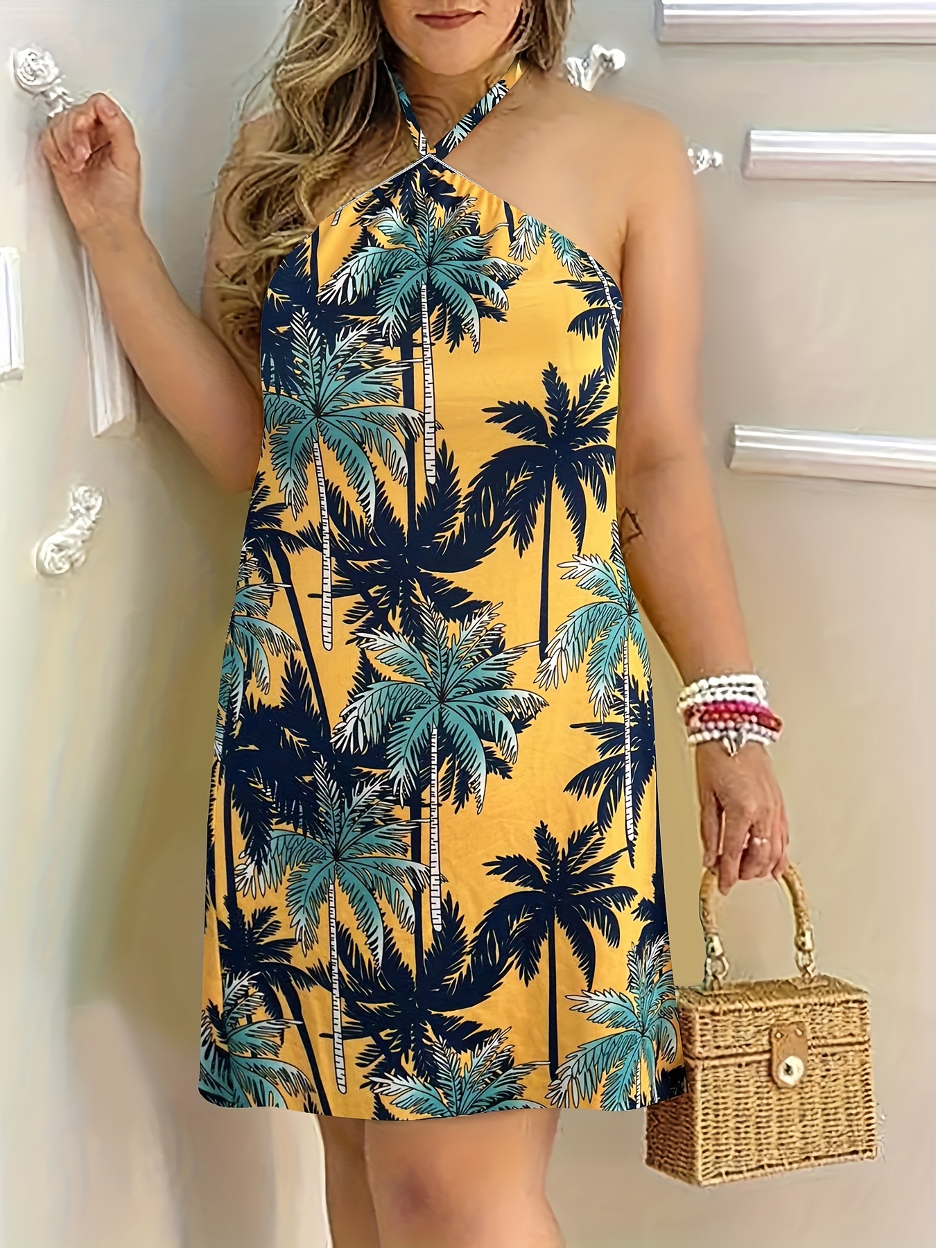 Coconut Tree Print Halter Neck Nightgown