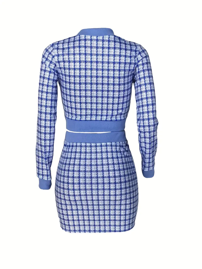 elegant plaid matching two piece set crop zip up jacket bodycon skirt outfits womens clothing details 7