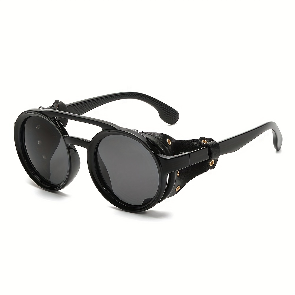 Vintage Steam Punk Style Round Polarized Sunglasses with Leather Side Shield