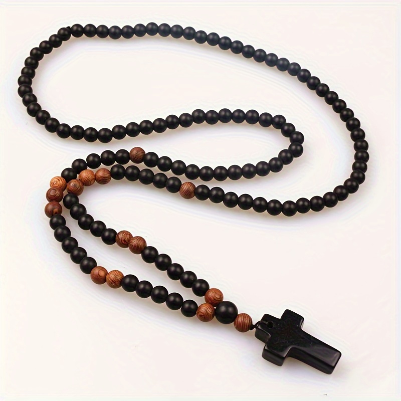 

1pc Black Stone Wood Beads With Black Stone Cross Pendant, Fashion Pendant Necklace For Men