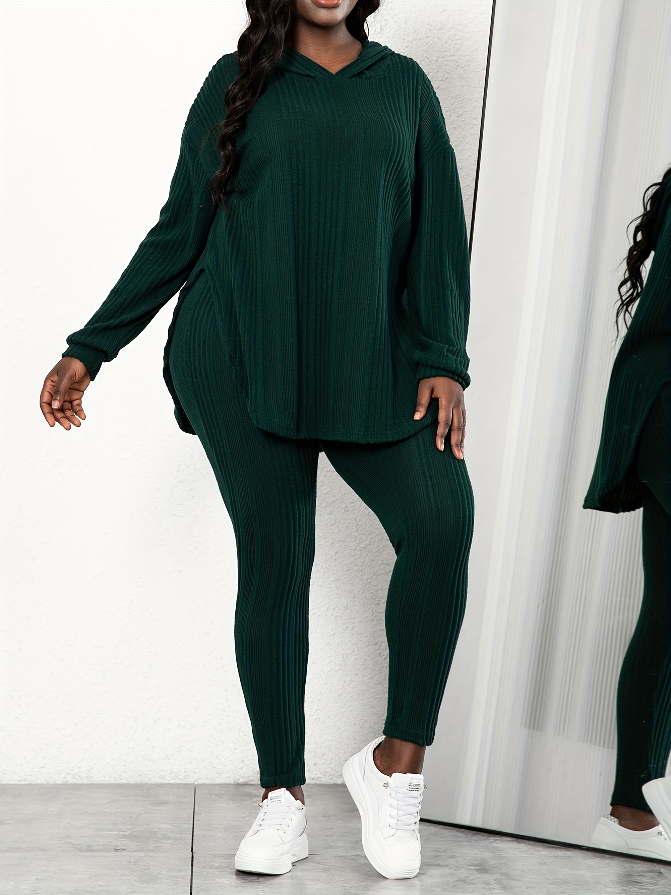 Dropship Plus Size Rib Knit Solid Long Sleeve Hoodie Tops & Leggings Set; Women's  Plus High Stretch Casual 2pcs Set Co-ords to Sell Online at a Lower Price