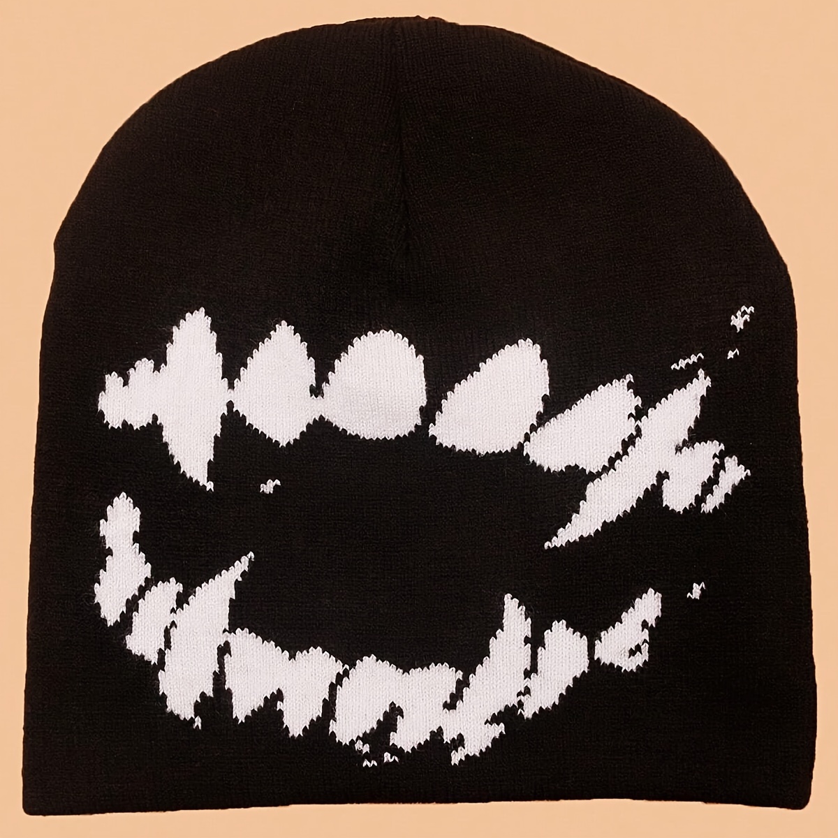 

Tooth Graphic Y2k Beanie Black & White Elastic Knit Hats Hip Hop Skull Cap Unisex Warm Beanies For Women Men