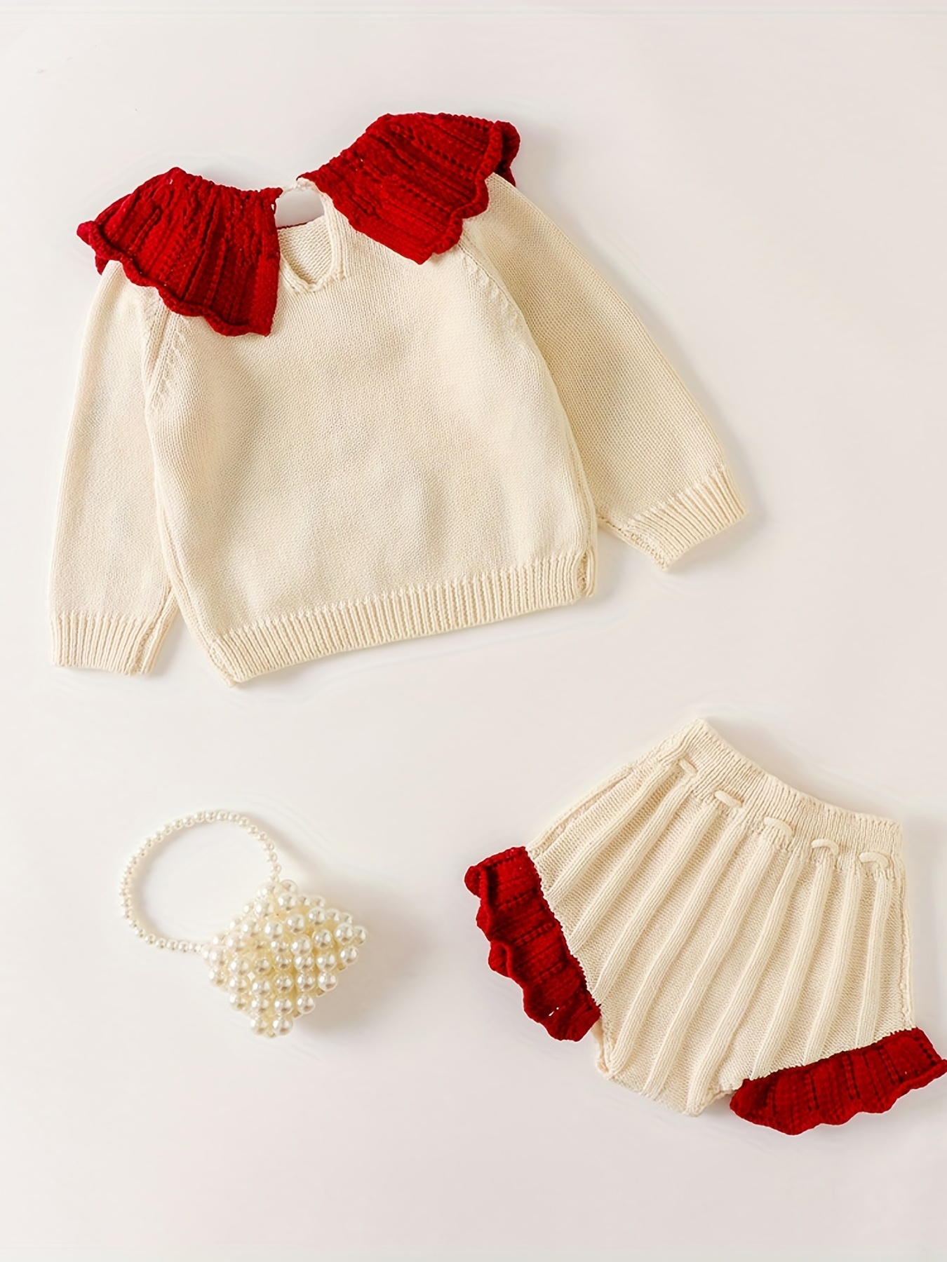 baby knitted set floral embroidered ruffle collar top ruffle trim pants apricot 1