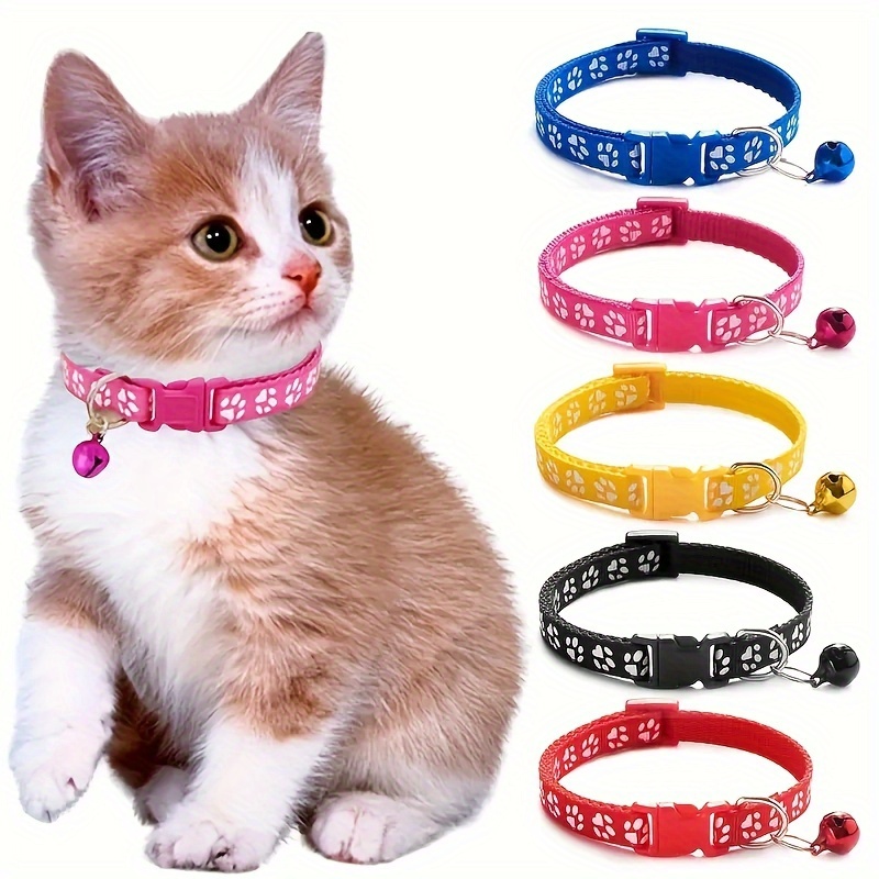 

10pcs Cute Paw Print Adjustable Pet Collars With Bells, Nylon Cat Safety Collars