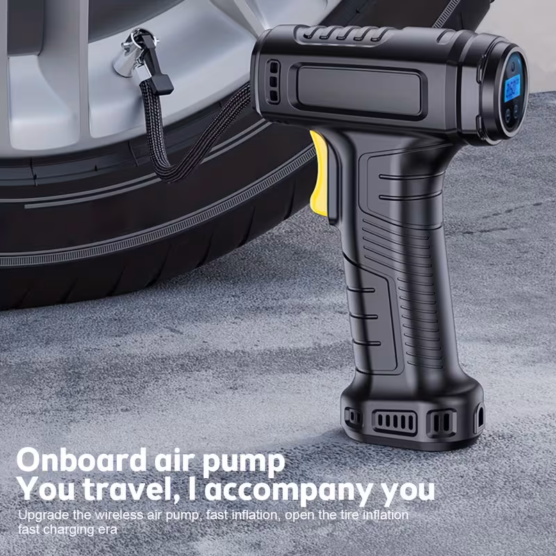 a compact air compressor for inflating tires this cordless perfect for cars motorcycles and bicycles it features pressure gauge and an led light making it ideal for tires and balloons details 3