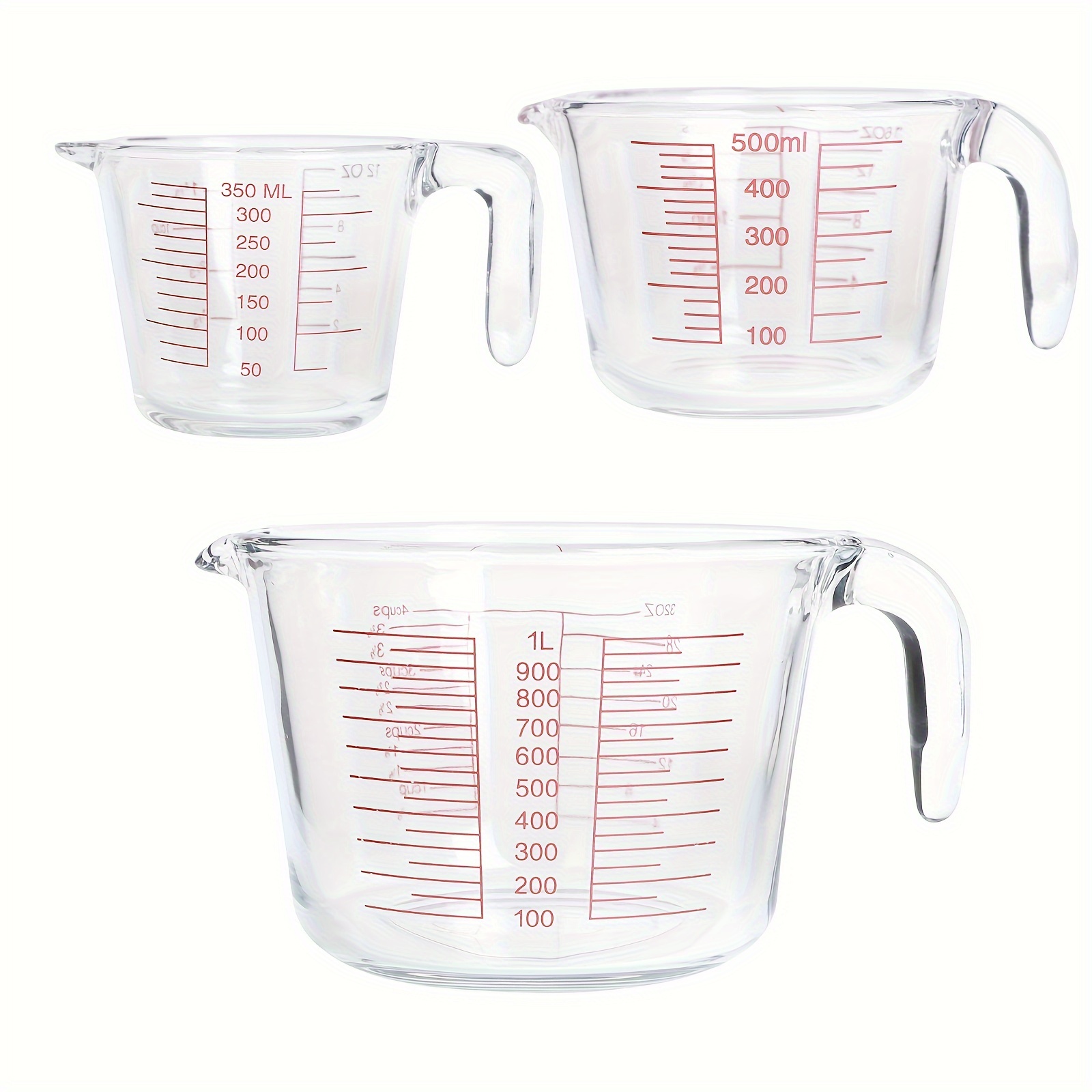 Vaso medidor de vidrio, 1 1/3 tazas de vidrio templado para medir, 12  onzas, con mango y 3 escalas (OZ, taza, ML), transparente, lavavajillas