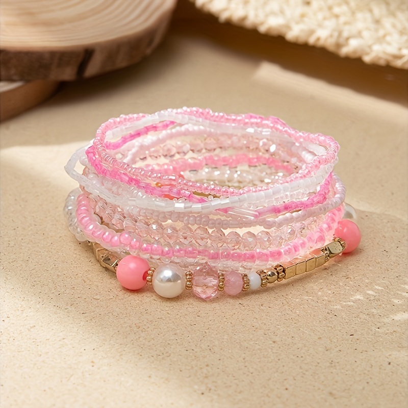 6pcs Bohemian Color Block Pink Beaded Bracelet For Women For Daily Travel  Decoration