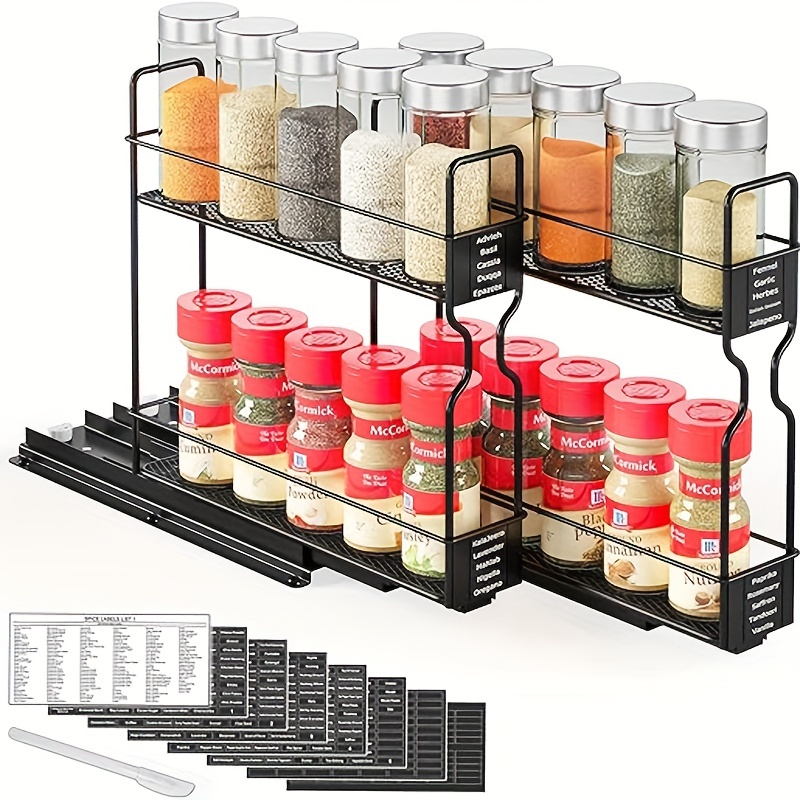 

1pc Black Double Slide Pull-out Kitchen Seasoning Rack, Drawable Spice Bottle Storage Rack, Cabinet Double Layers Multi-purpose Shelf, For Countertop And Cabinet, Kitchen Supplies