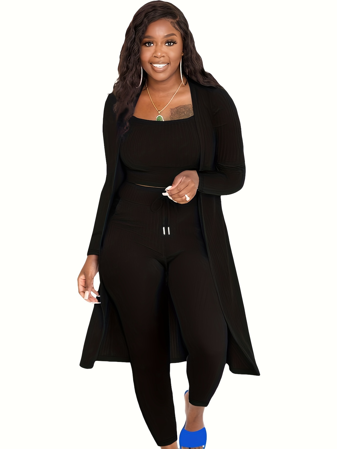 Plus Size Casual Outfits Set Women's Plus Ribbed Solid Round - Temu