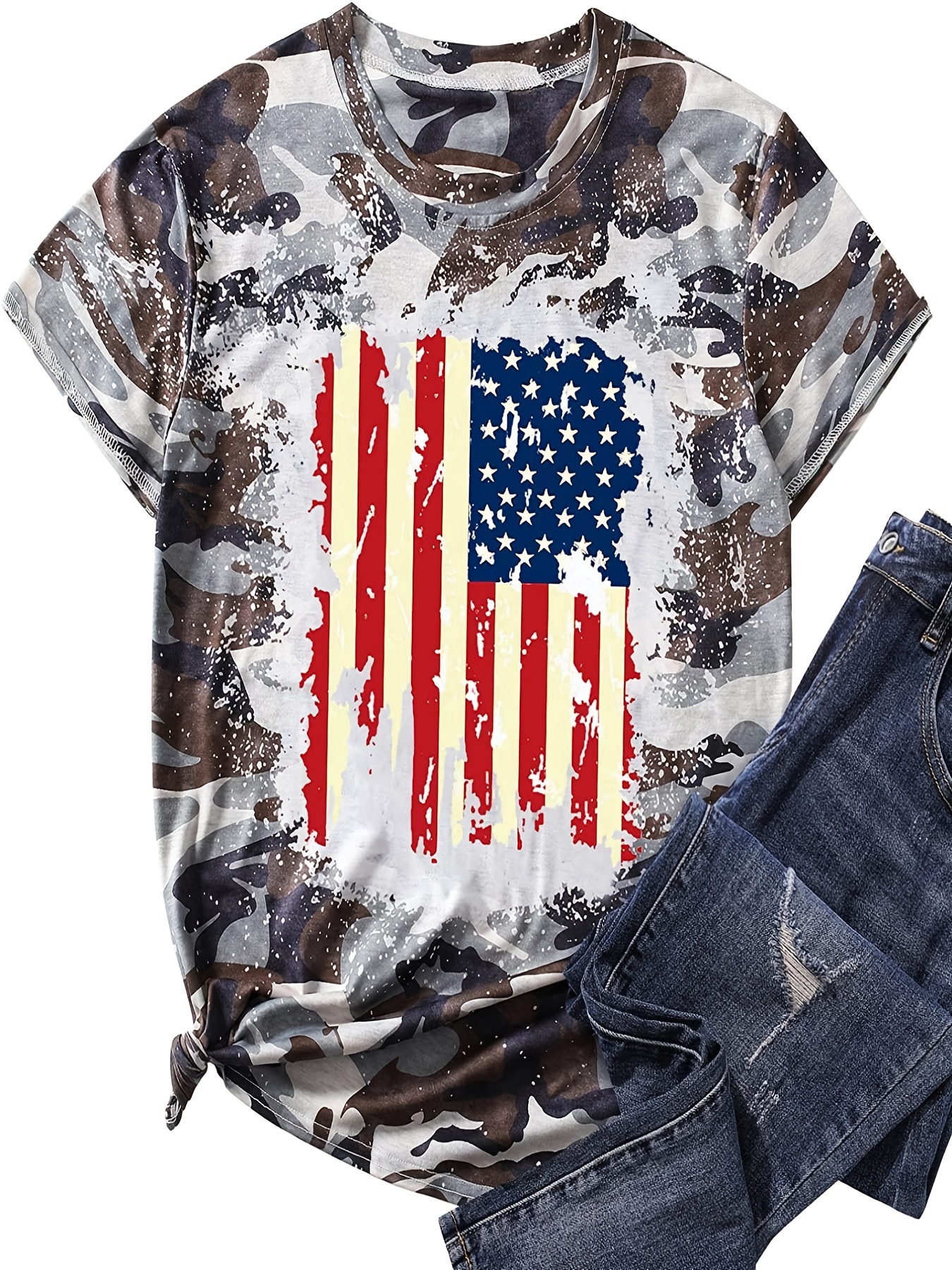 USA Made Multicolor Camo T-Shirt, Women, Polyester & Spandex, Round Neck