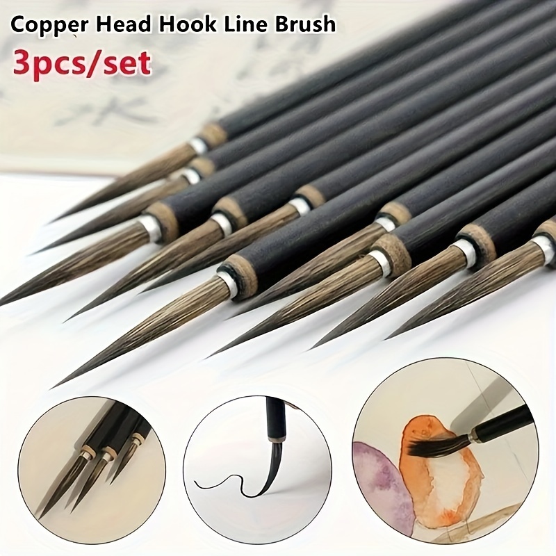 

3pcs/set Of Hook Brush, Chinese Painting Brush Strokes Tracing Line Characters Flowers And Birds Thin Golden Style Brush Copper Head Hook Brush Fine Calligraphy Painting Brush